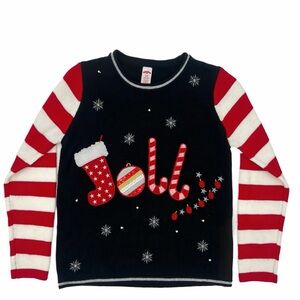 Holiday Time Women Ugly Christmas Sweater Embellished Jolly Striped Sleeve Small
